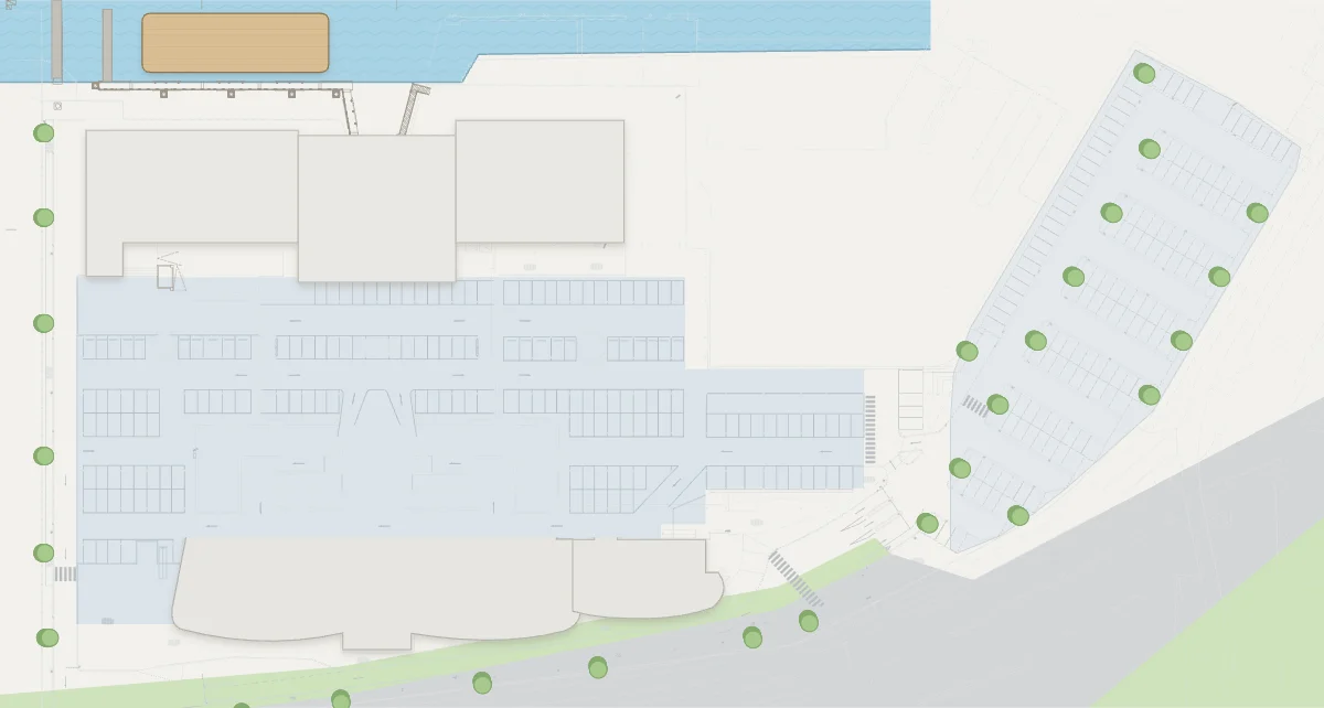 Plattegrond van het ZUIDYARD-terrein aan de Doklaan in Rotterdam, met de Maashaven boven en de Doklaan onder.
